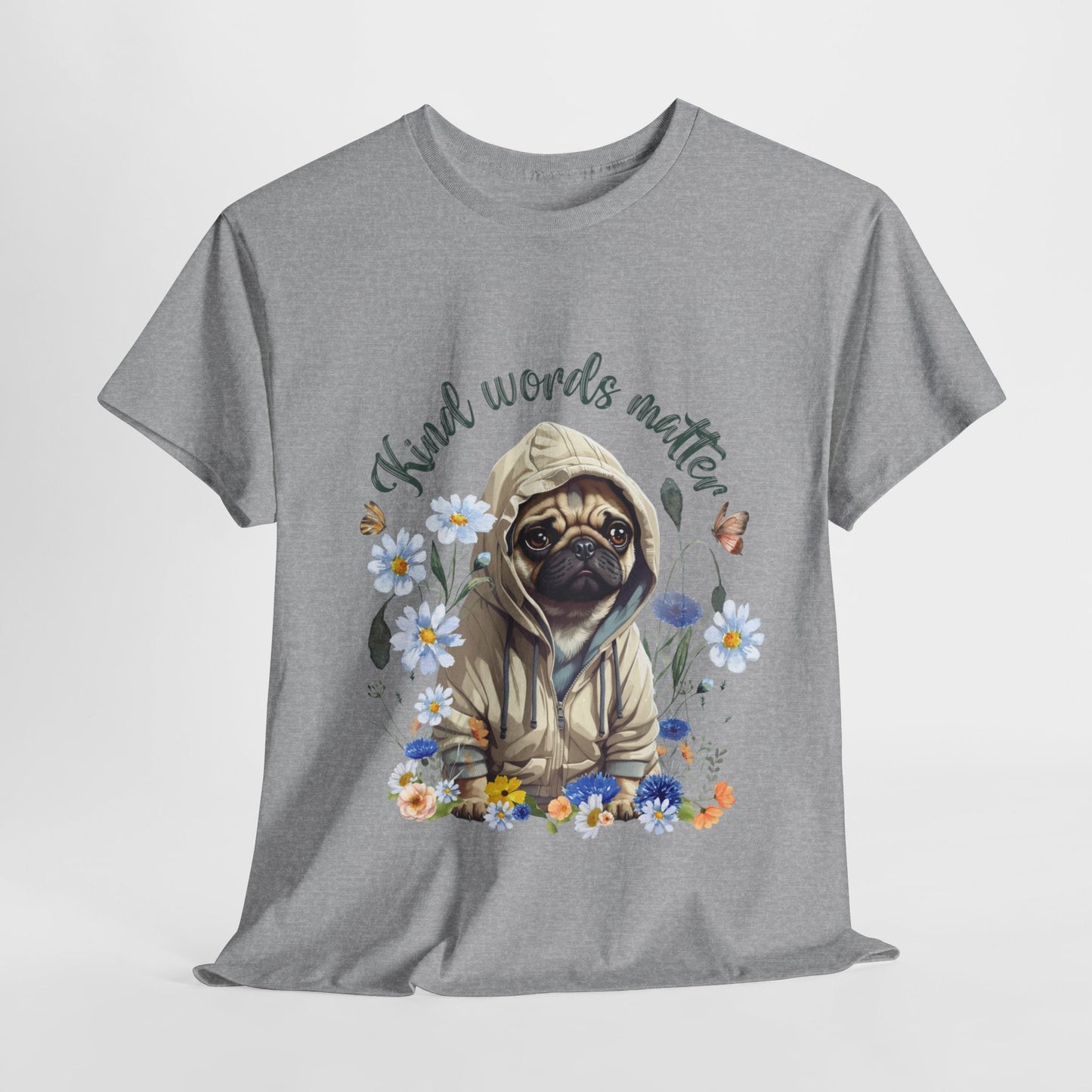 Kind Word Matter cut pug dog with wildflowers - positive self expression t shirt - Solei Designs