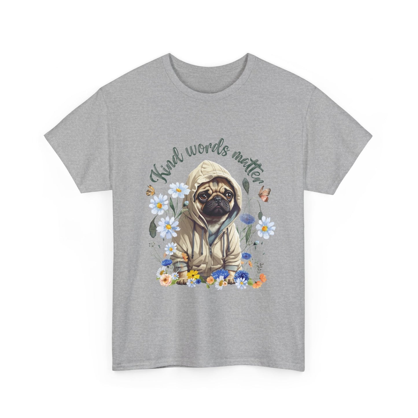 Kind Word Matter cut pug dog with wildflowers - positive self expression t shirt - Solei Designs