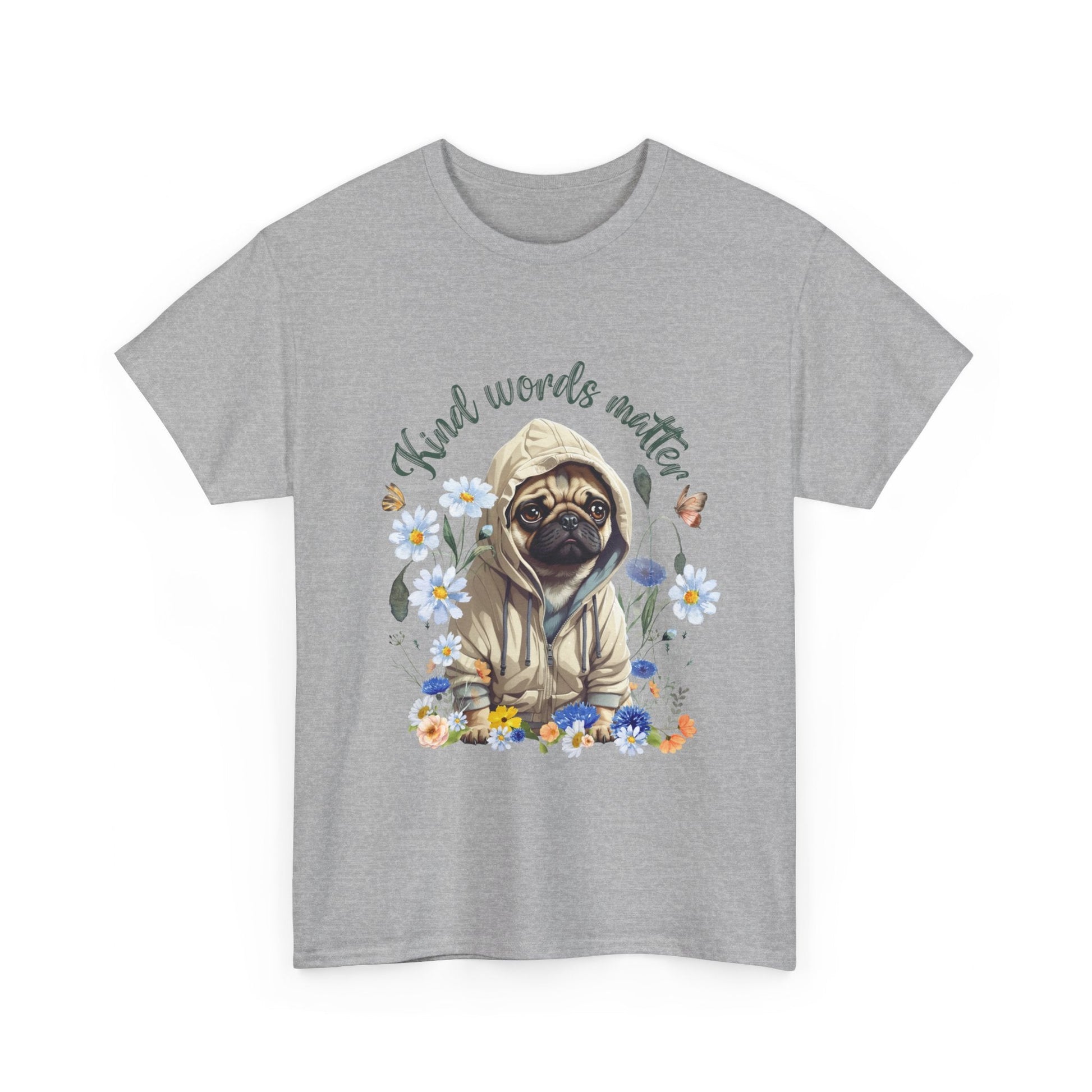 Kind Word Matter cut pug dog with wildflowers - positive self expression t shirt - Solei Designs