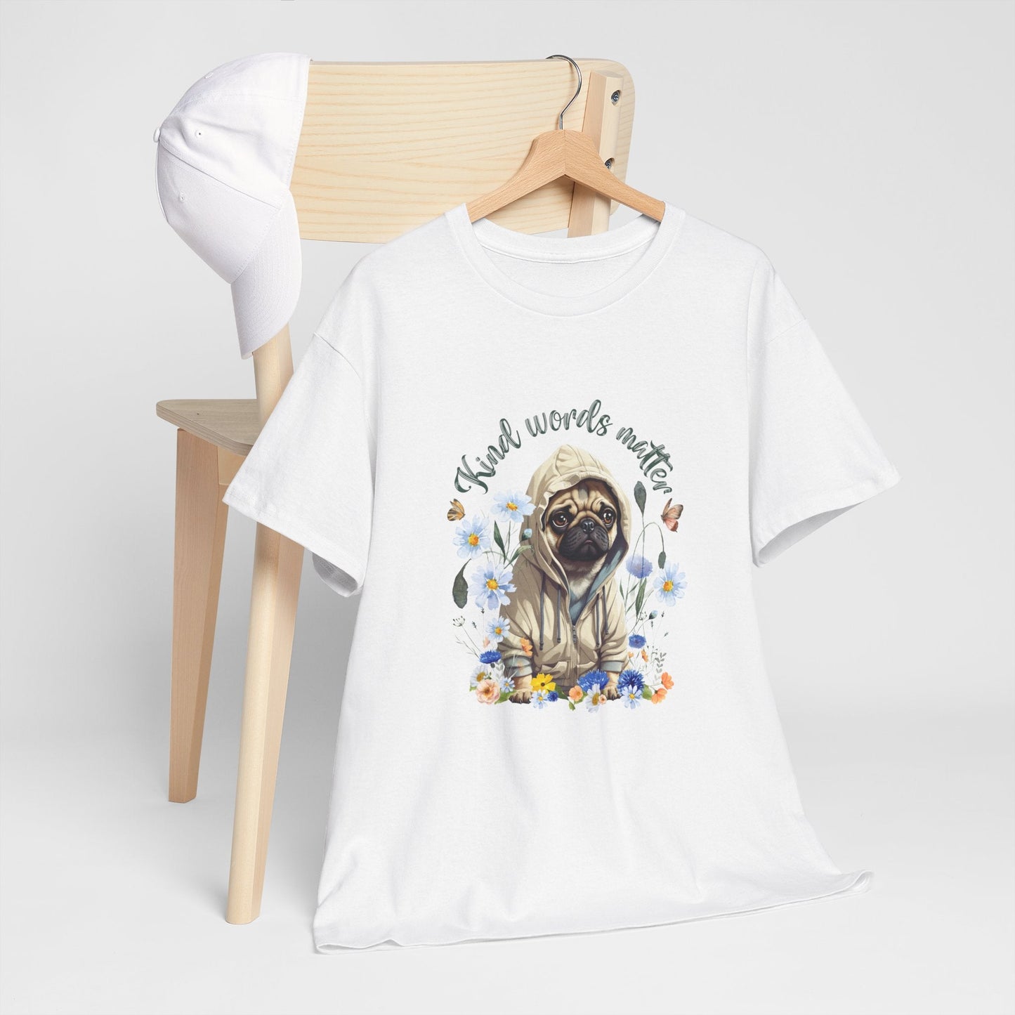 Kind Word Matter cut pug dog with wildflowers - positive self expression t shirt - Solei Designs