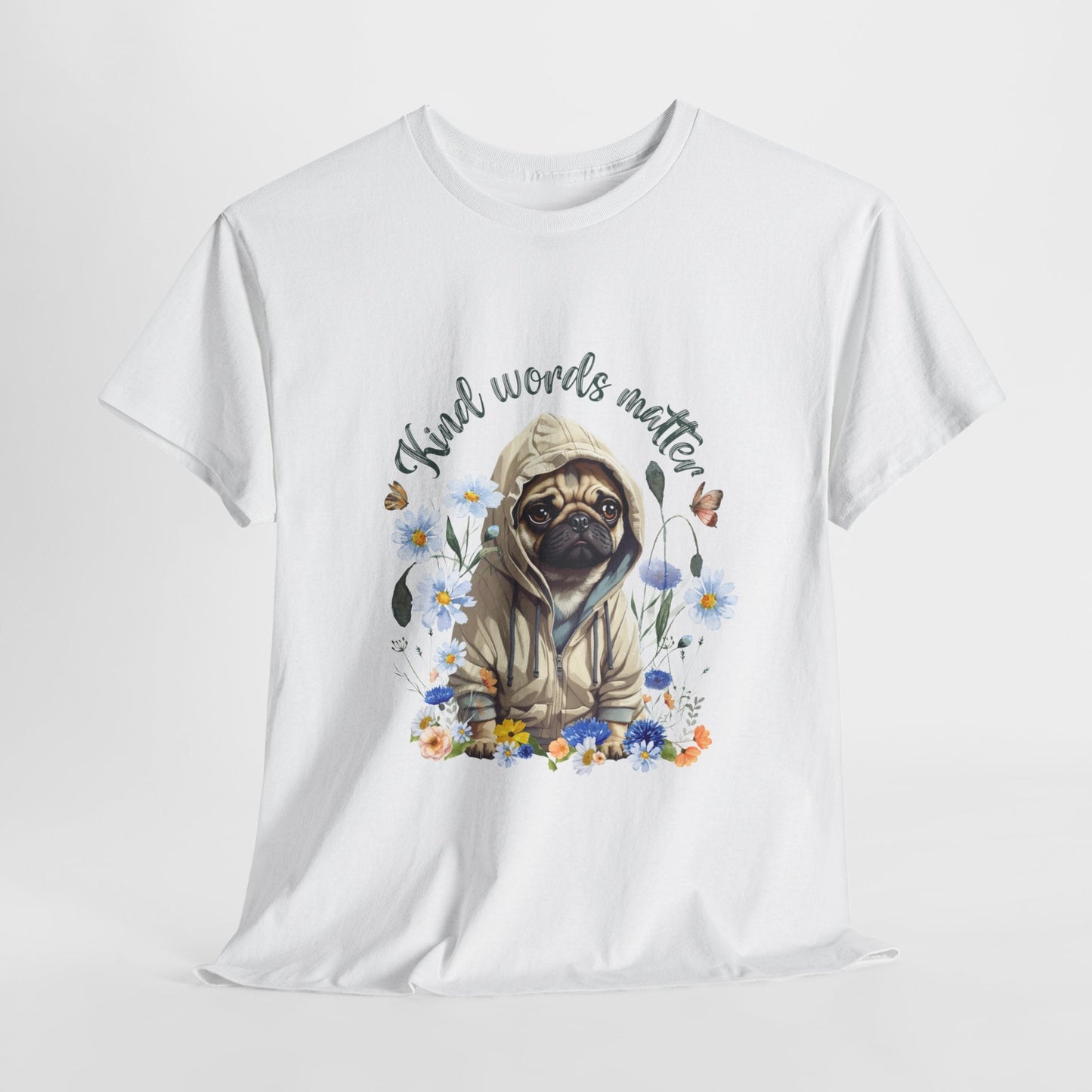 Kind Word Matter cut pug dog with wildflowers - positive self expression t shirt - Solei Designs