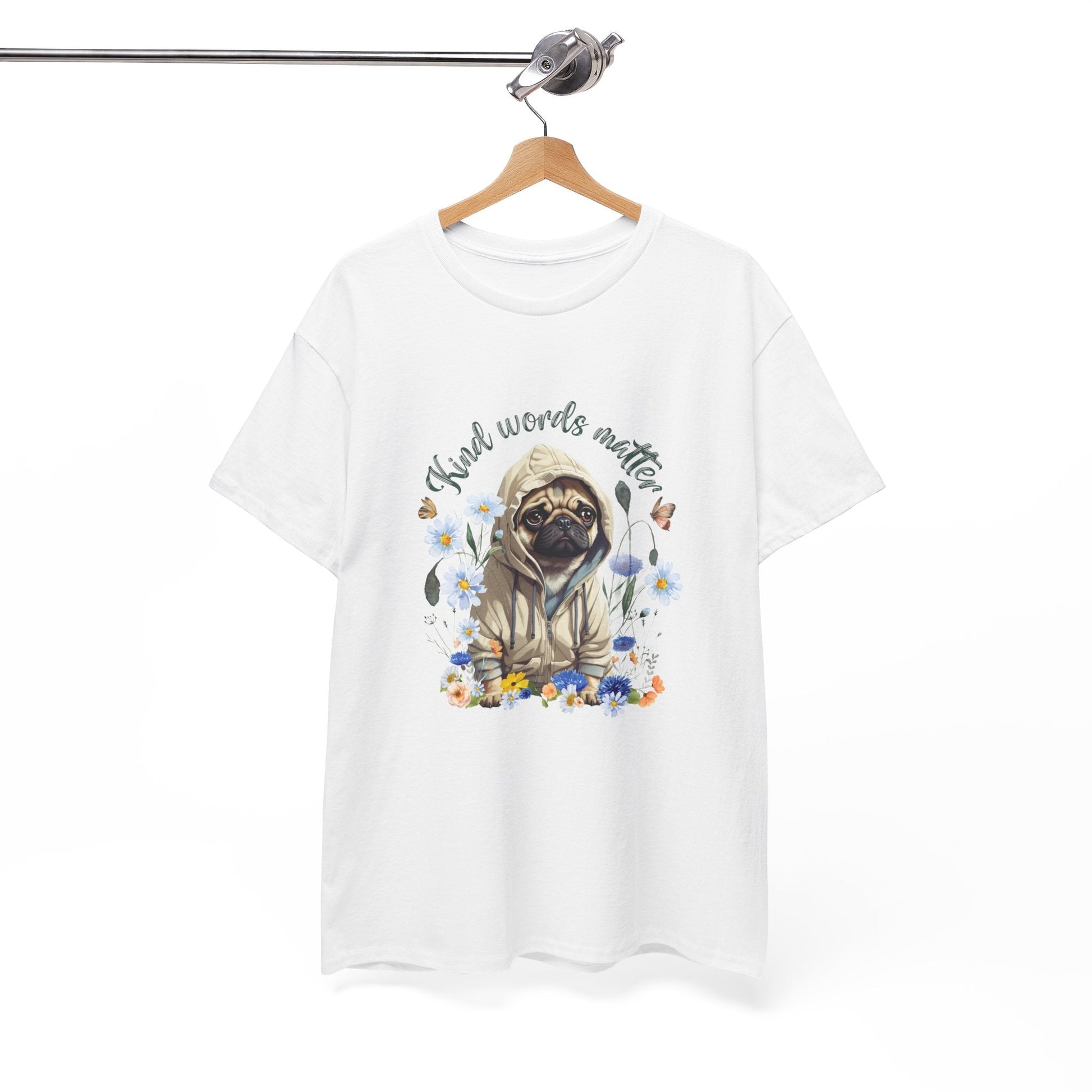 Kind Word Matter cut pug dog with wildflowers - positive self expression t shirt - Solei Designs