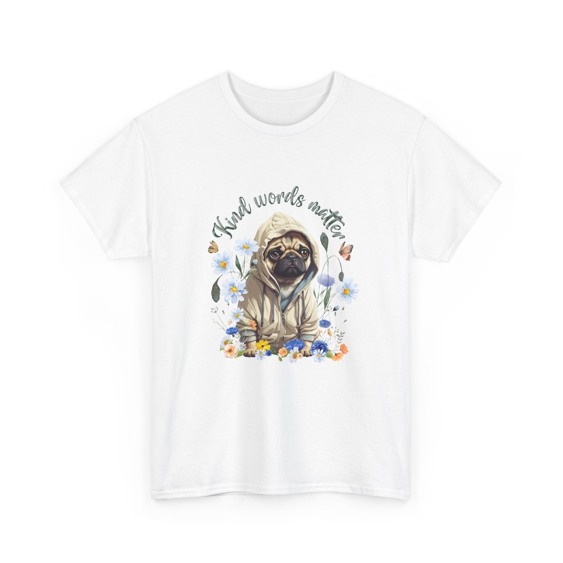 Kind Word Matter cut pug dog with wildflowers - positive self expression t shirt - Solei Designs