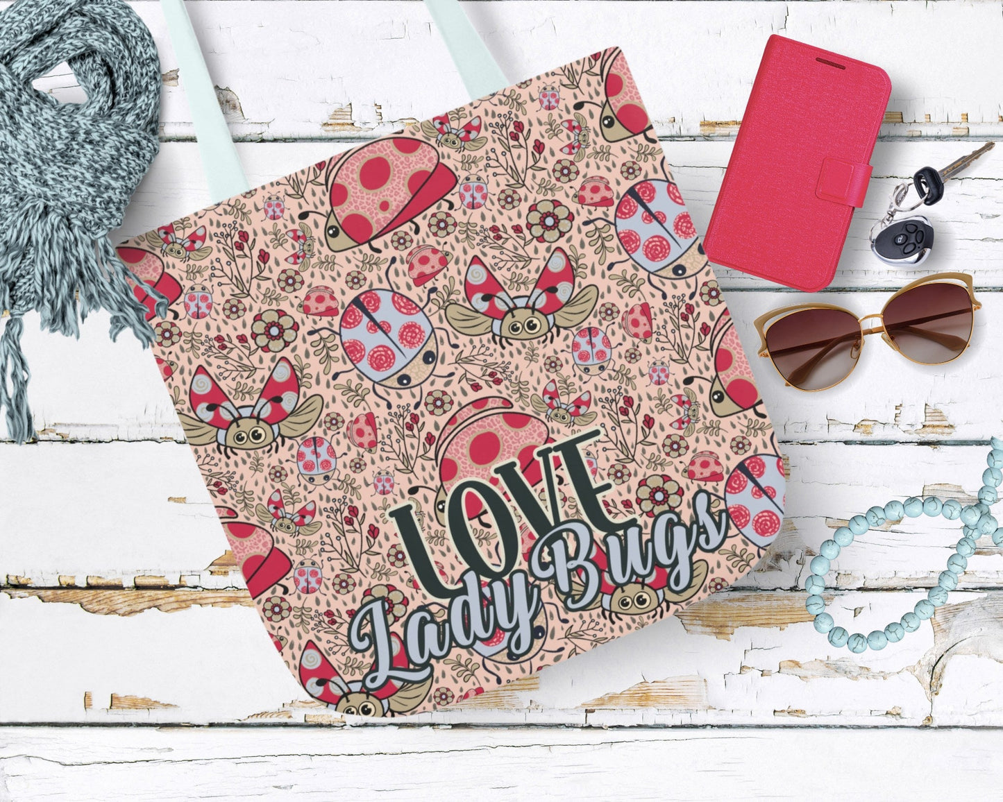 Lady Bug Love custom design Tote Bag - Hand drawn artwork & custom text available - Solei Designs