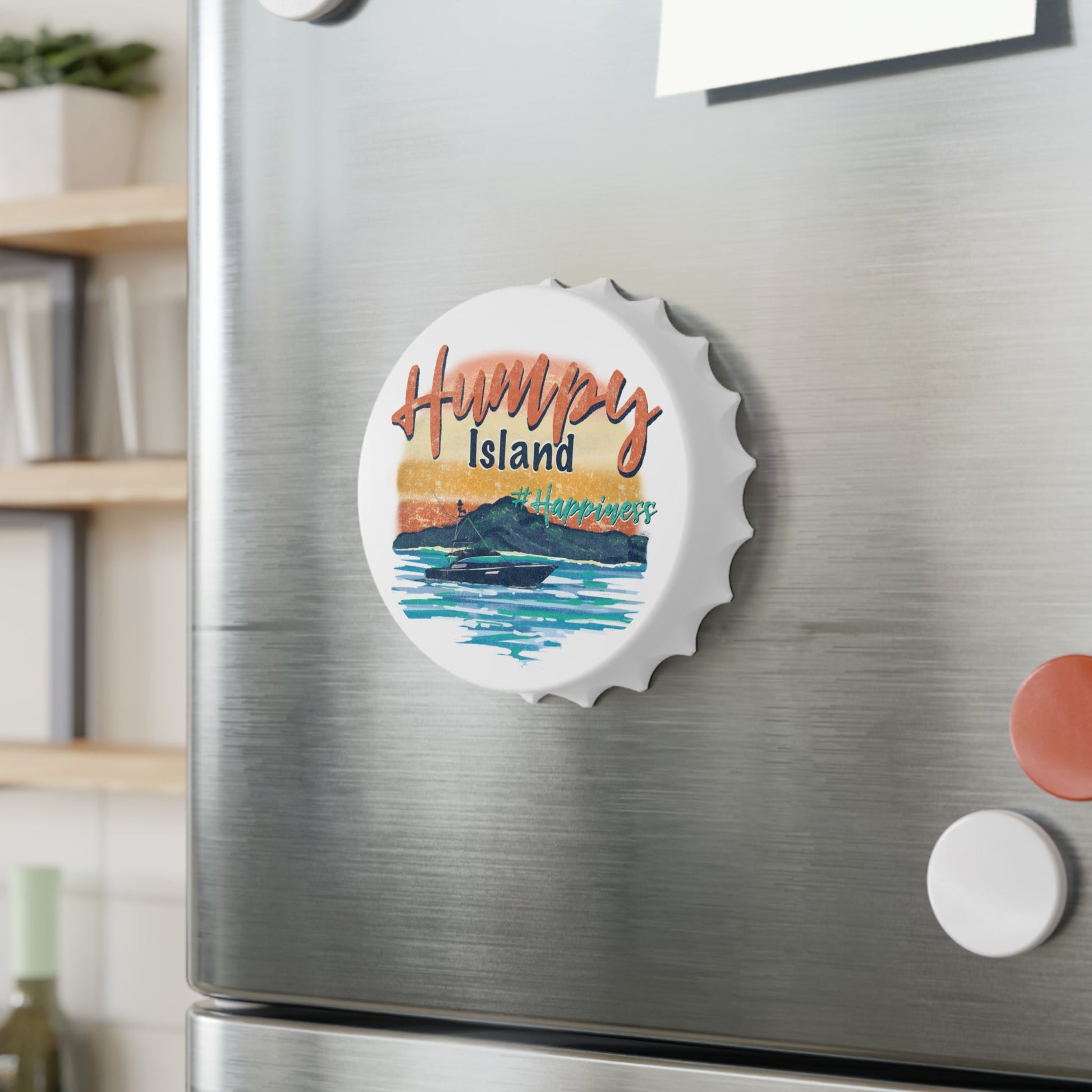 Magnetic Bottle Opener - Humpy Island Happiness hand drawn design - Solei Designs