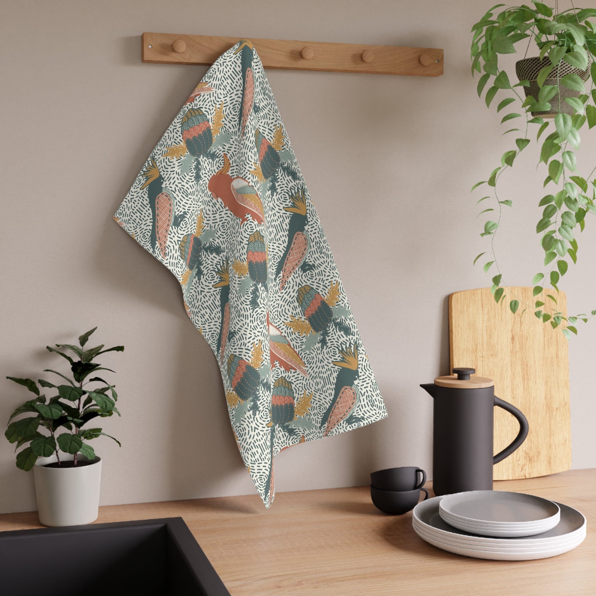 Patchwork Cockatoos - 100% Cotton Kitchen Tea Towel from the Native Patches design collection - Solei Designs