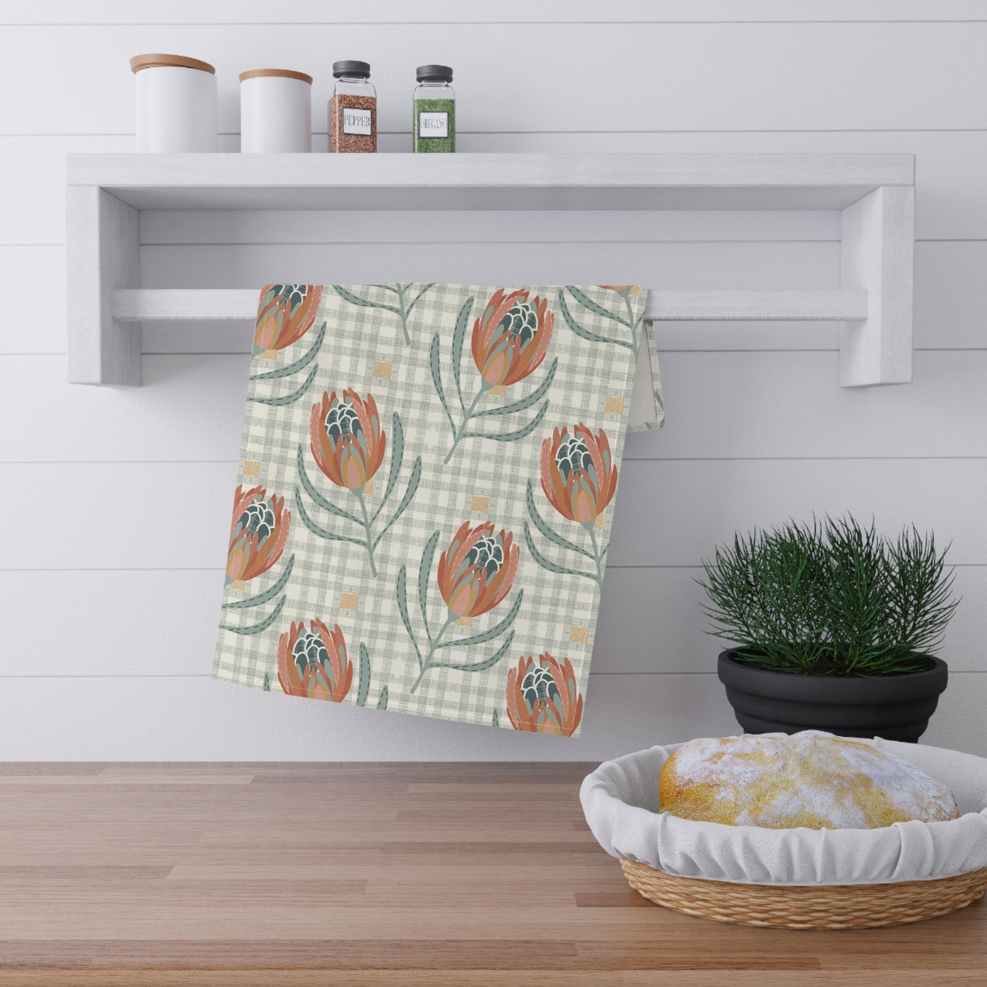 Patchwork Proteas - 100% Cotton Kitchen Tea Towel from the Native Patches design collection - Solei Designs