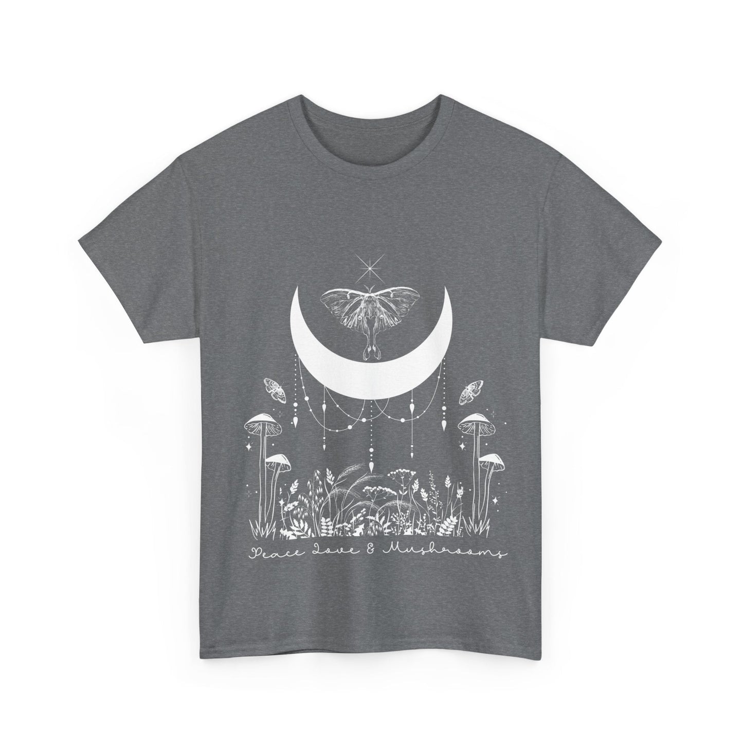 Peace Love and Mushrooms graphic t shirt design - custom text available - Solei Designs