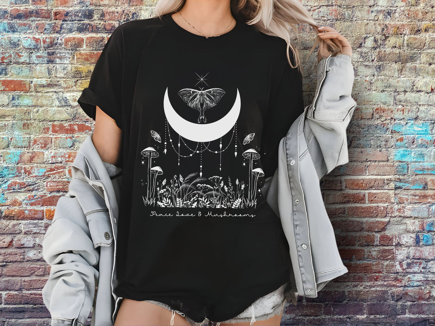 Peace Love and Mushrooms graphic t shirt design - custom text available - Solei Designs