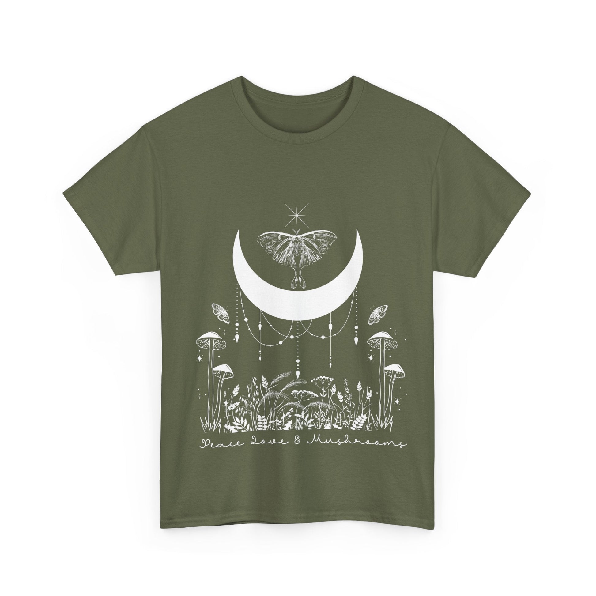 Peace Love and Mushrooms graphic t shirt design - custom text available - Solei Designs