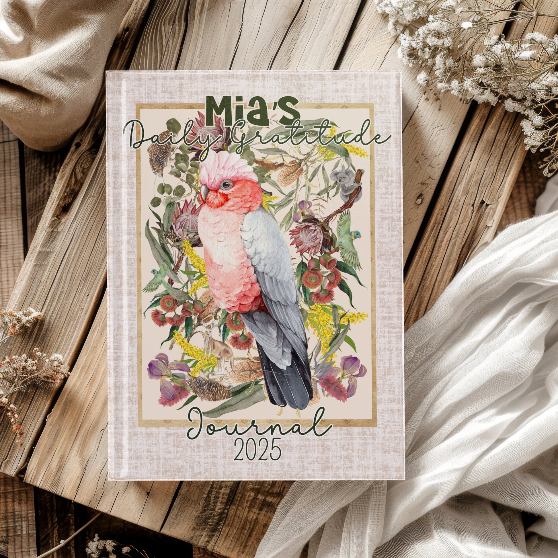 Personalised daily gratitude journal - Australian Pink Galah design - Solei Designs