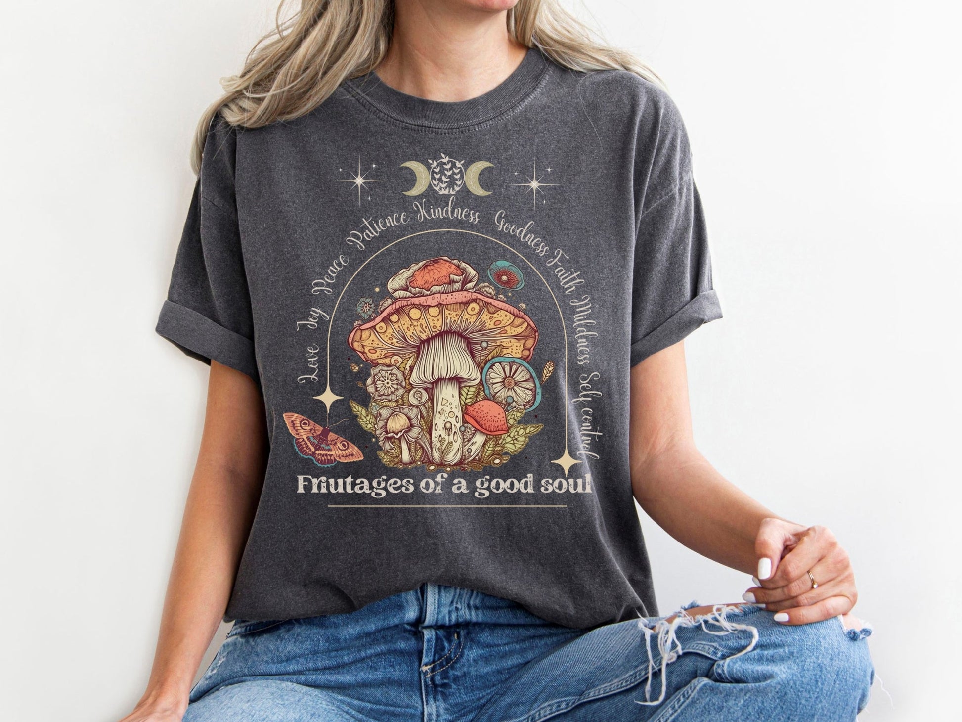 Soft Comfy Tee with Unique 'Fruitages of a Good Soul' Cottagecore Design - Solei Designs