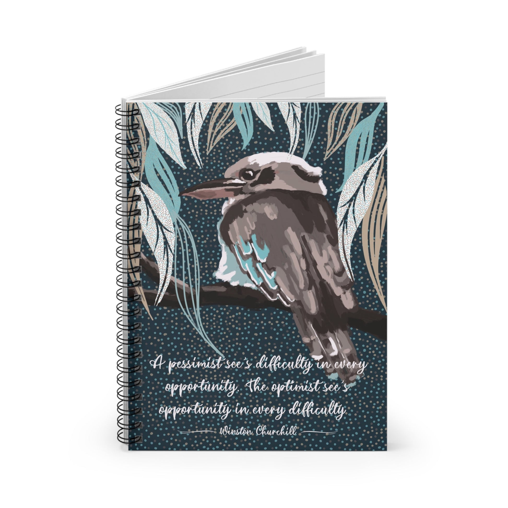 Spiral Notebook - Ruled Line, custom hand drawn artwork - Kookaburra design - Solei Designs