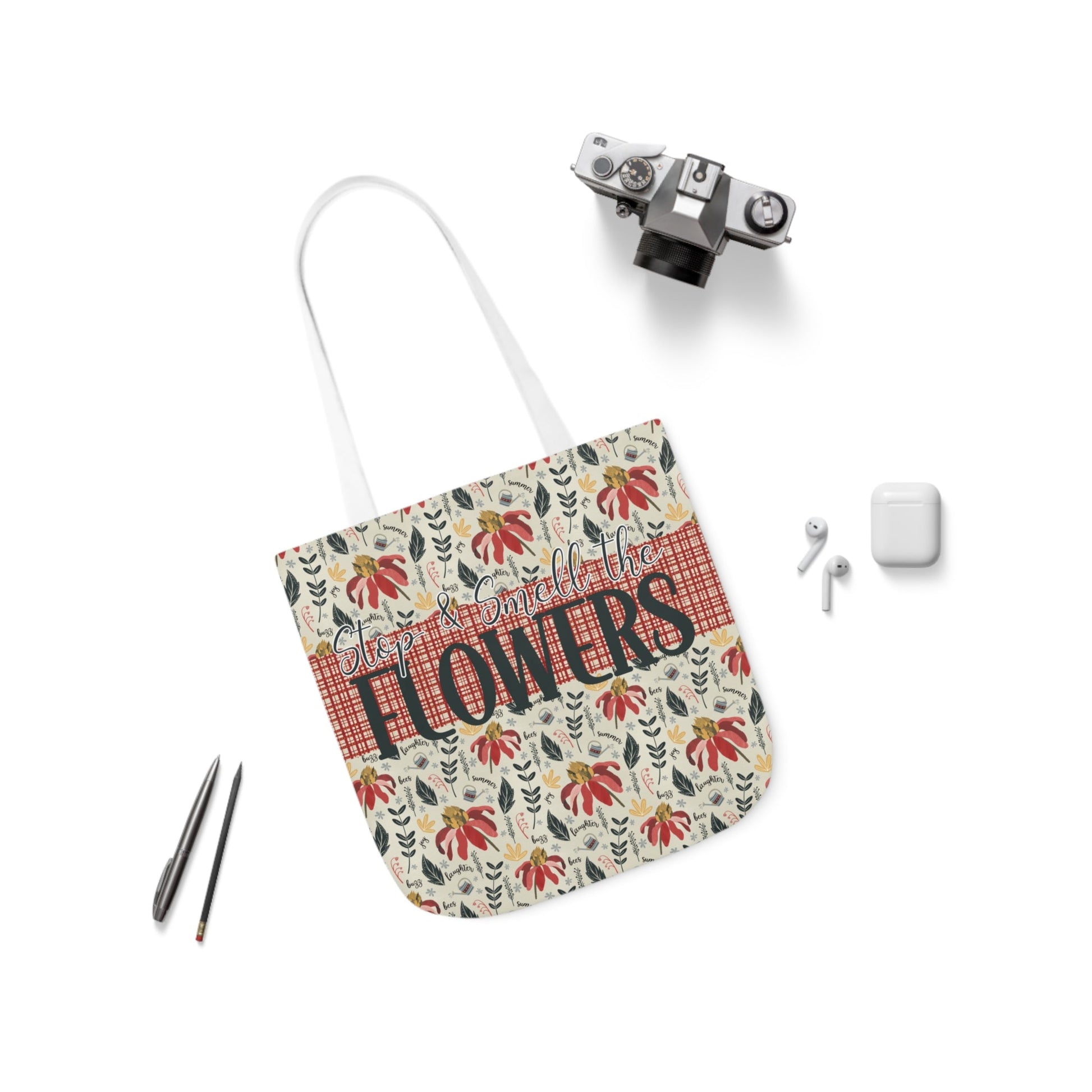 Stop and Smell the Flowers - Canvas Tote Bag with hand drawn artwork - Solei Designs