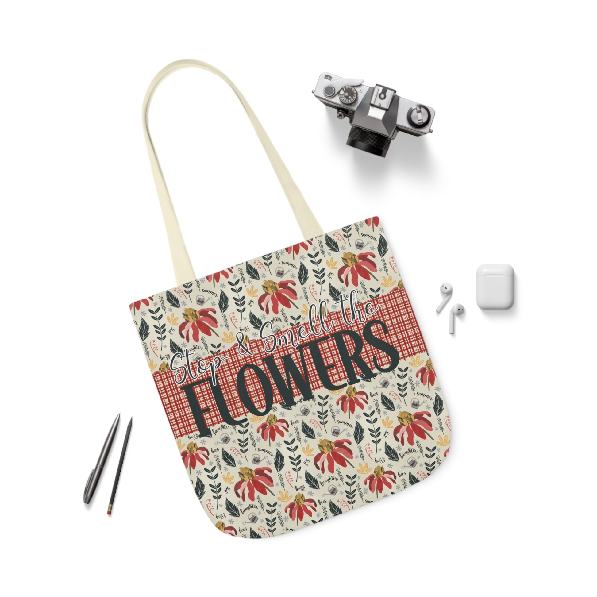 Stop and Smell the Flowers - Canvas Tote Bag with hand drawn artwork - Solei Designs