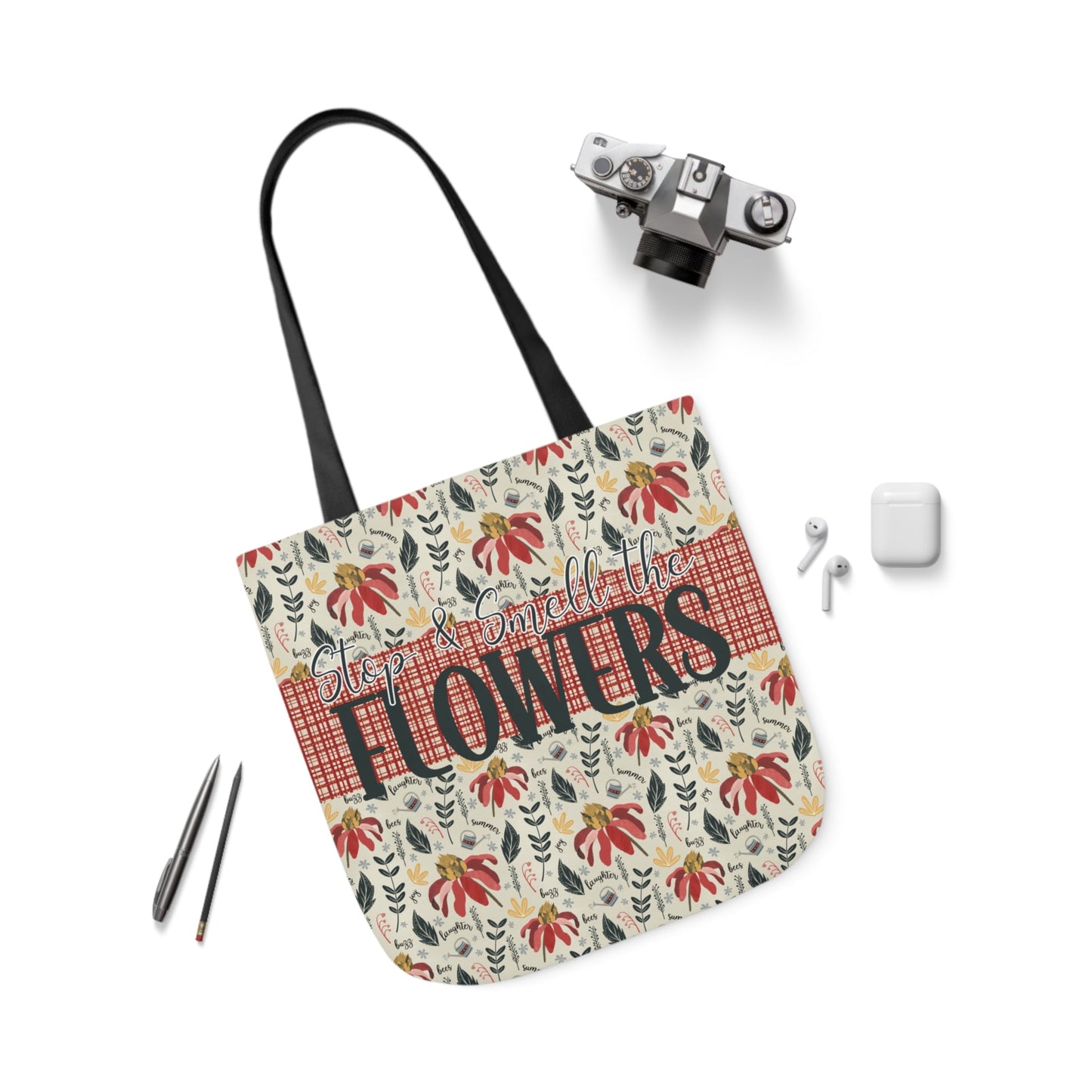 Stop and Smell the Flowers - Canvas Tote Bag with hand drawn artwork - Solei Designs