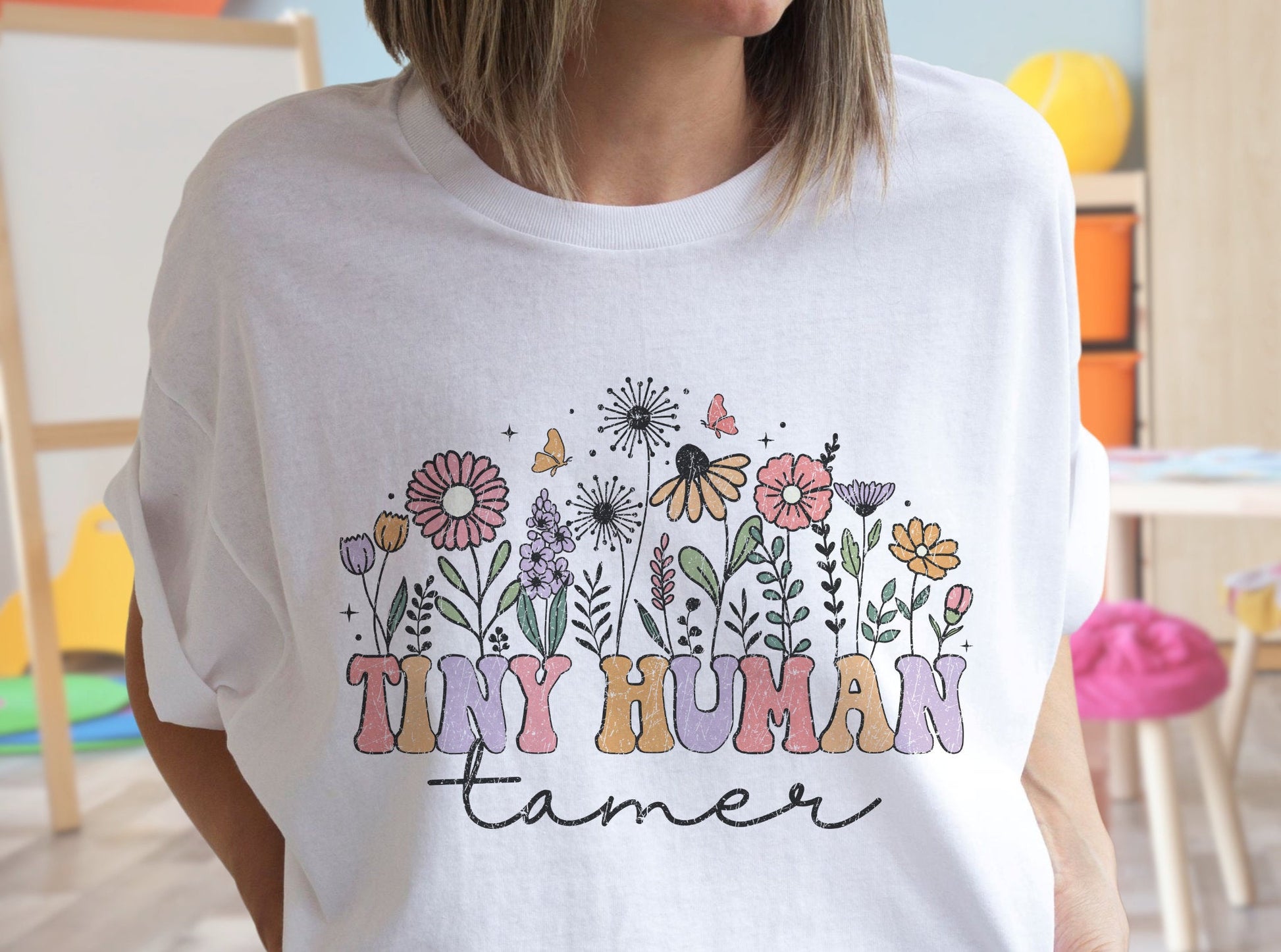 Tiny Human Tamer - rustic floral graphic t shirt design - teacher t shirts - Solei Designs