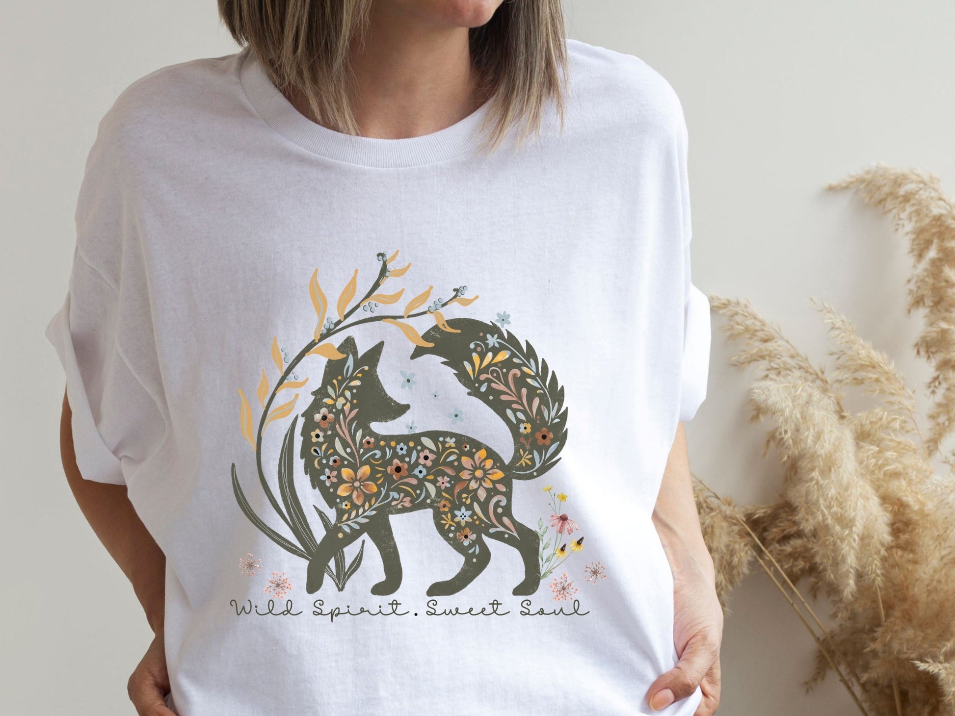 Wild spirit sweet soul whimsical fox graphic t shirt design - custom text available - Solei Designs