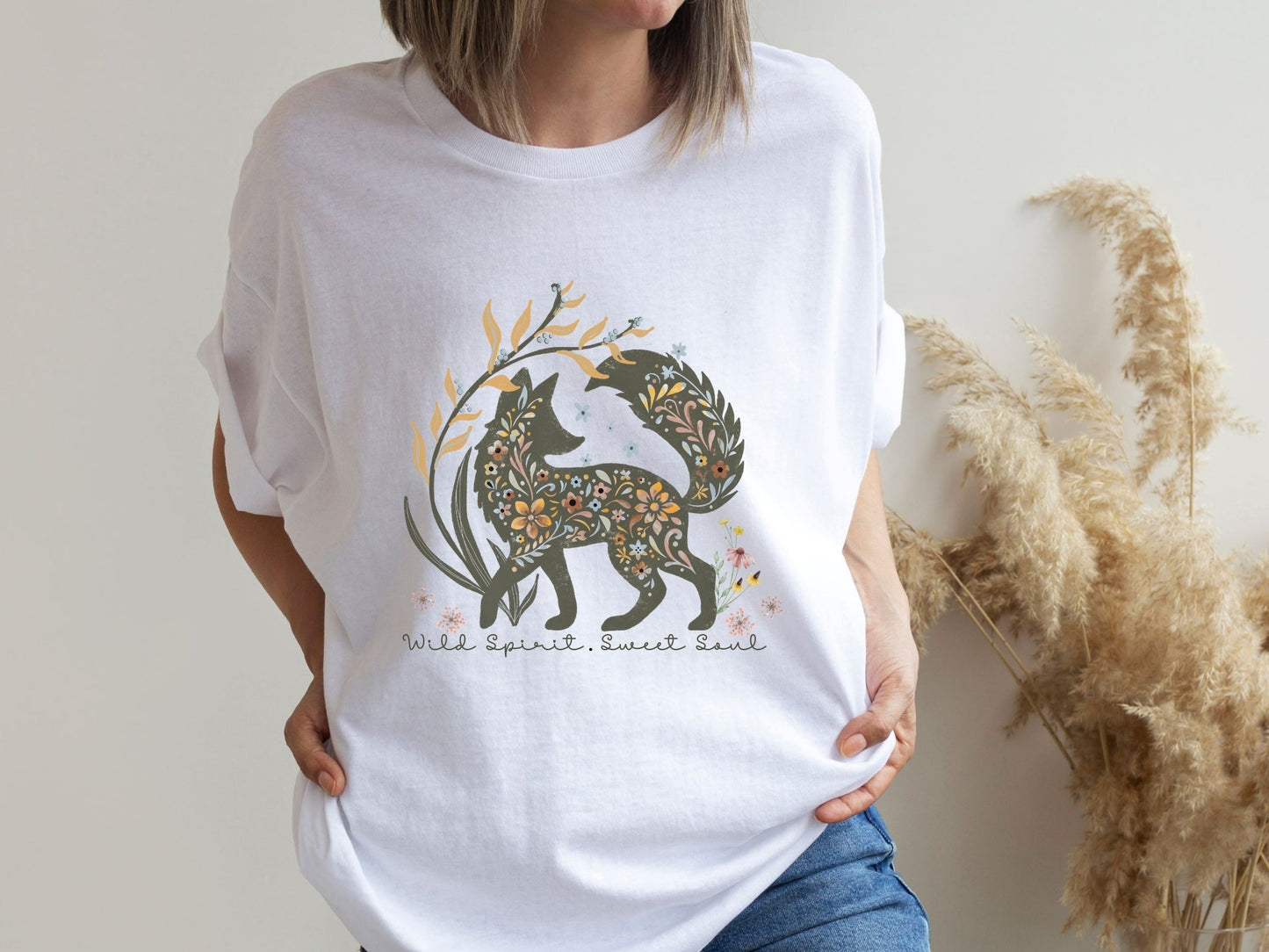 Wild spirit sweet soul whimsical fox graphic t shirt design - custom text available - Solei Designs