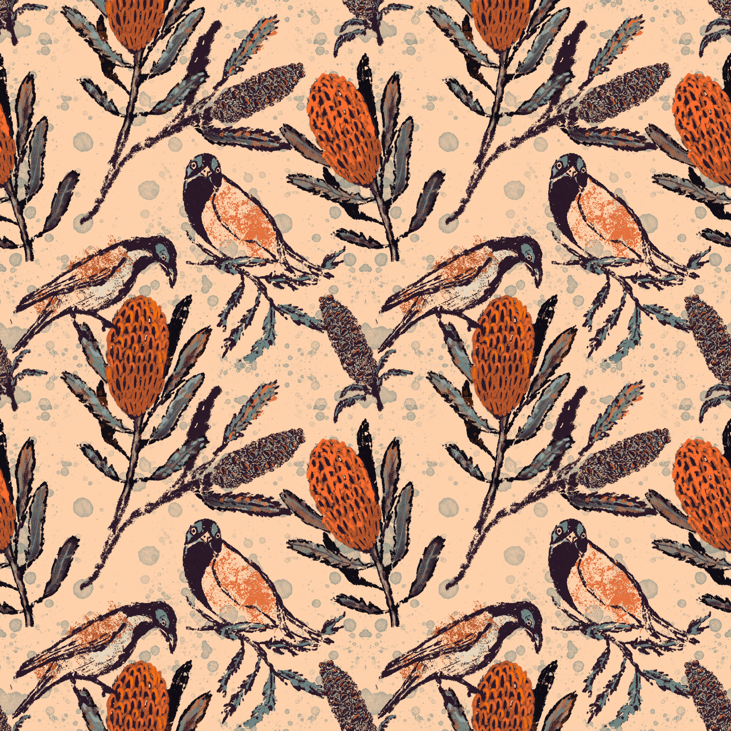 Australian Honey Eaters - Hand Drawn Seamless Pattern Collection - Solei Designs