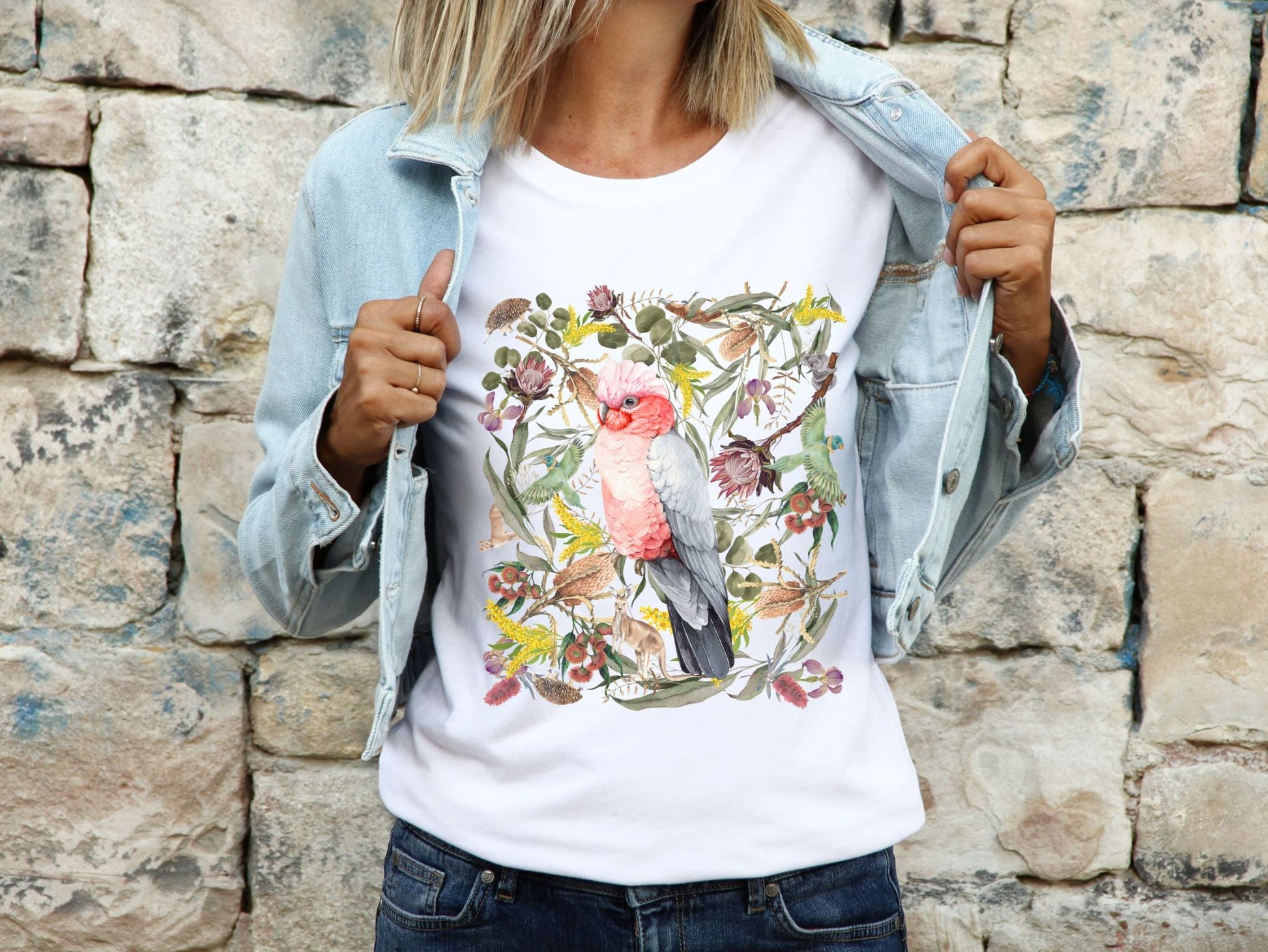 Australian pink Galah, Made In Australia, t shirt, gift idea, birds, nature, boho, cottage core, for mum, mothers day, native, wildlife - Solei Designs