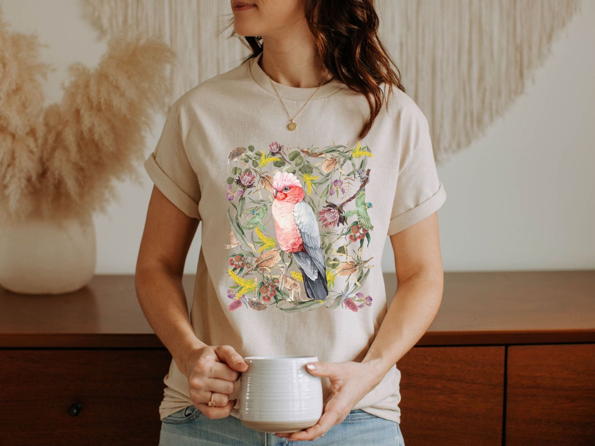 Australian pink Galah, Made In Australia, t shirt, gift idea, birds, nature, boho, cottage core, for mum, mothers day, native, wildlife - Solei Designs