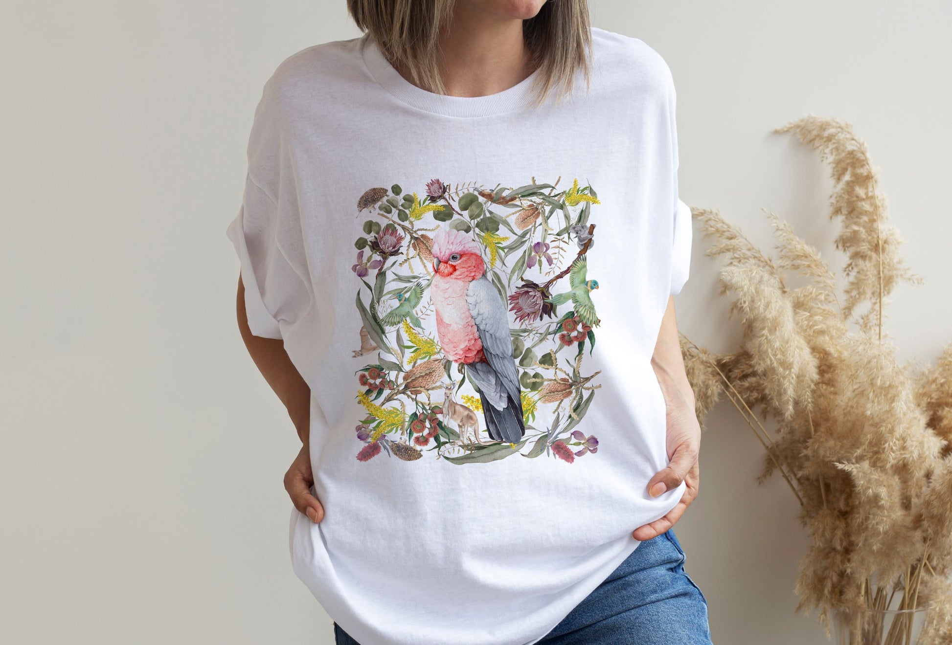 Australian pink Galah, Made In Australia, t shirt, gift idea, birds, nature, boho, cottage core, for mum, mothers day, native, wildlife - Solei Designs