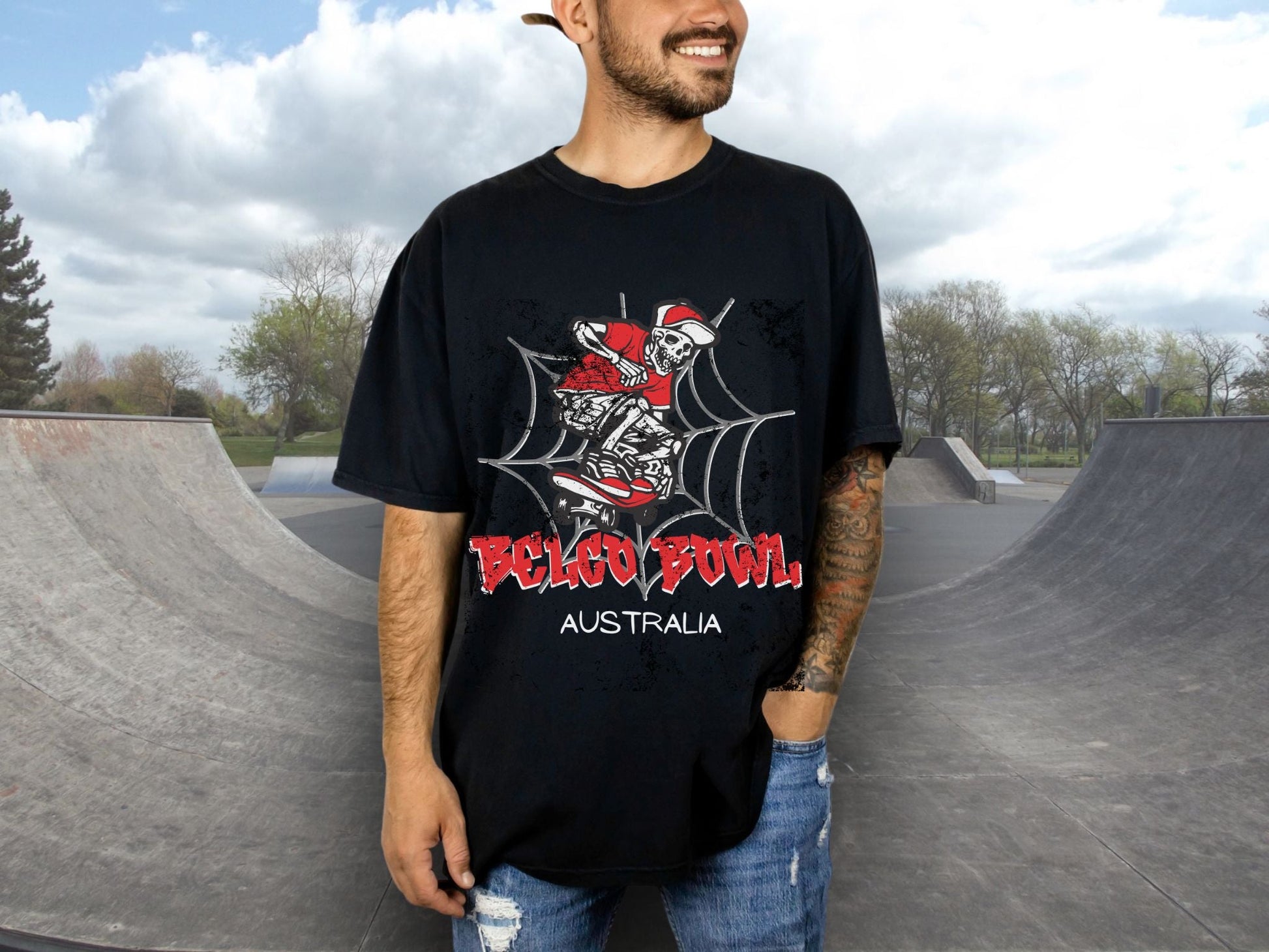 Belco Bowl Australia skeleton skater black t shirt men's and teen boys - Solei Designs