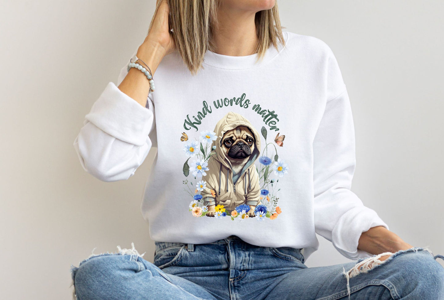 Kind Word Matter cute pug dog sweater - comfy self expressive clothing with a positive message - Solei Designs