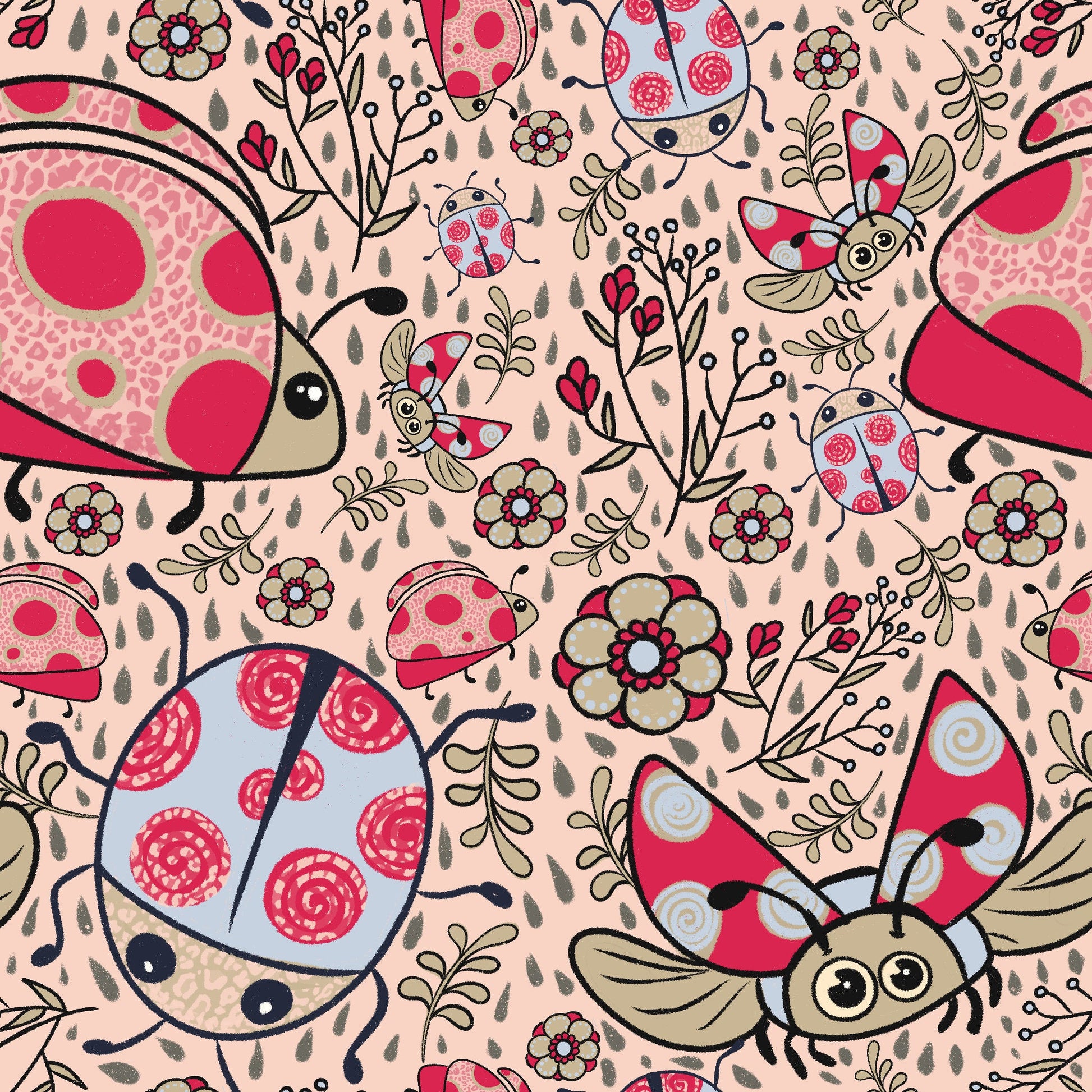 Lady Beetles in the rain -Hand Drawn Seamless Pattern Collection - Solei Designs