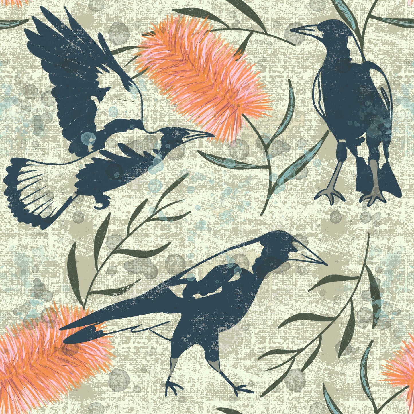 Warble in Pink - Native Australian flora and fauna, magpies and bottlebrush flowers - Solei Designs