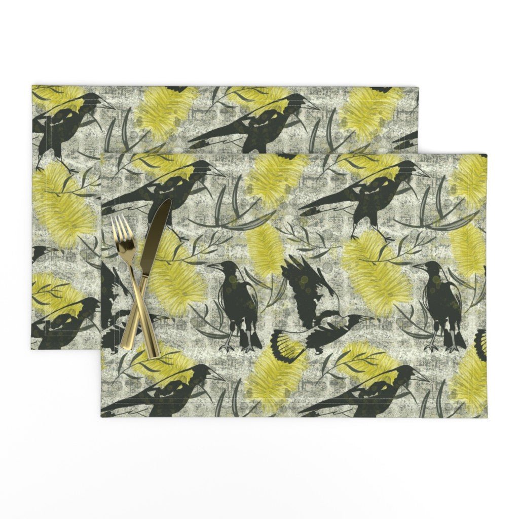 Warble in Yellow - Native Australian flora and fauna, magpies and bottlebrush flowers - Solei Designs