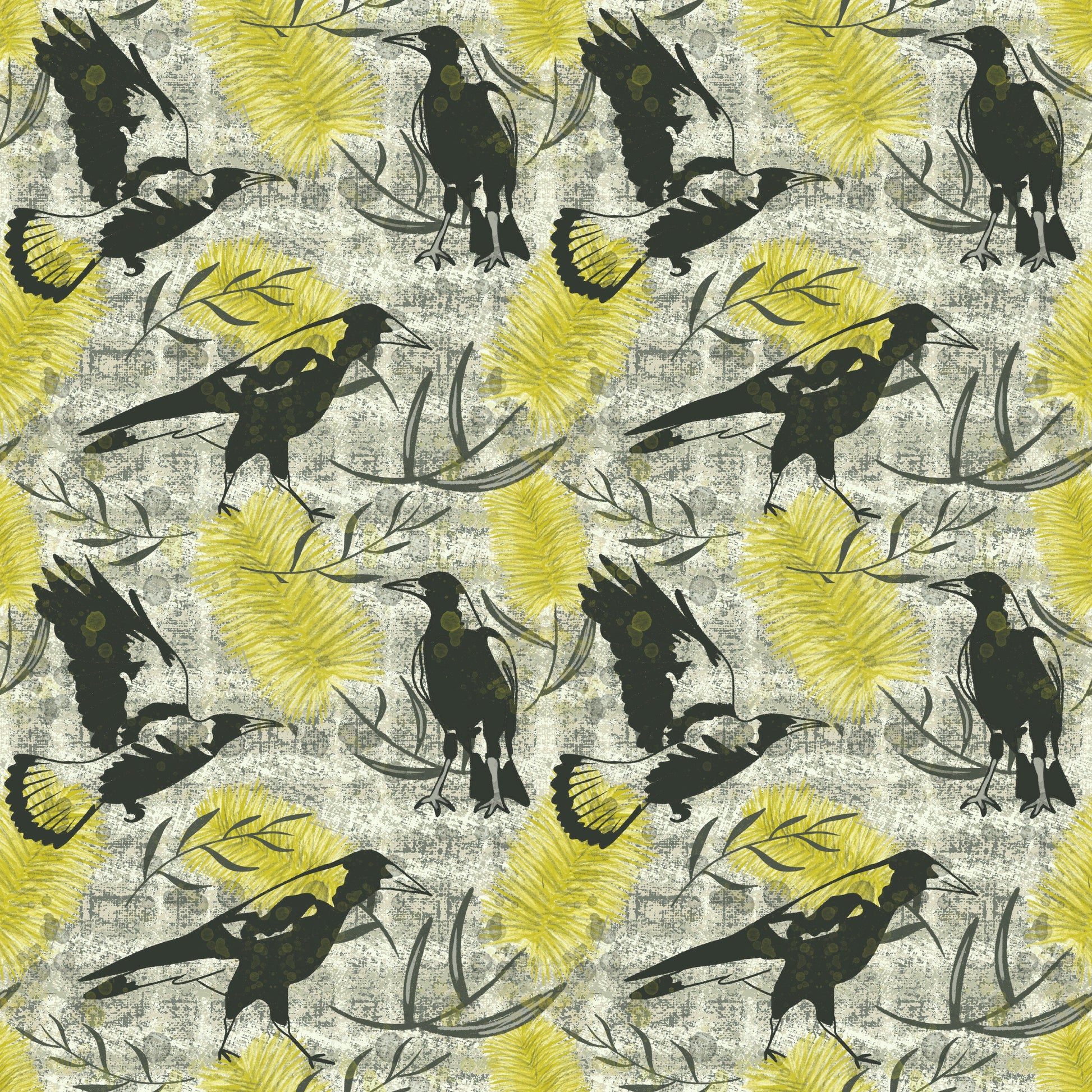 Warble in Yellow - Native Australian flora and fauna, magpies and bottlebrush flowers - Solei Designs