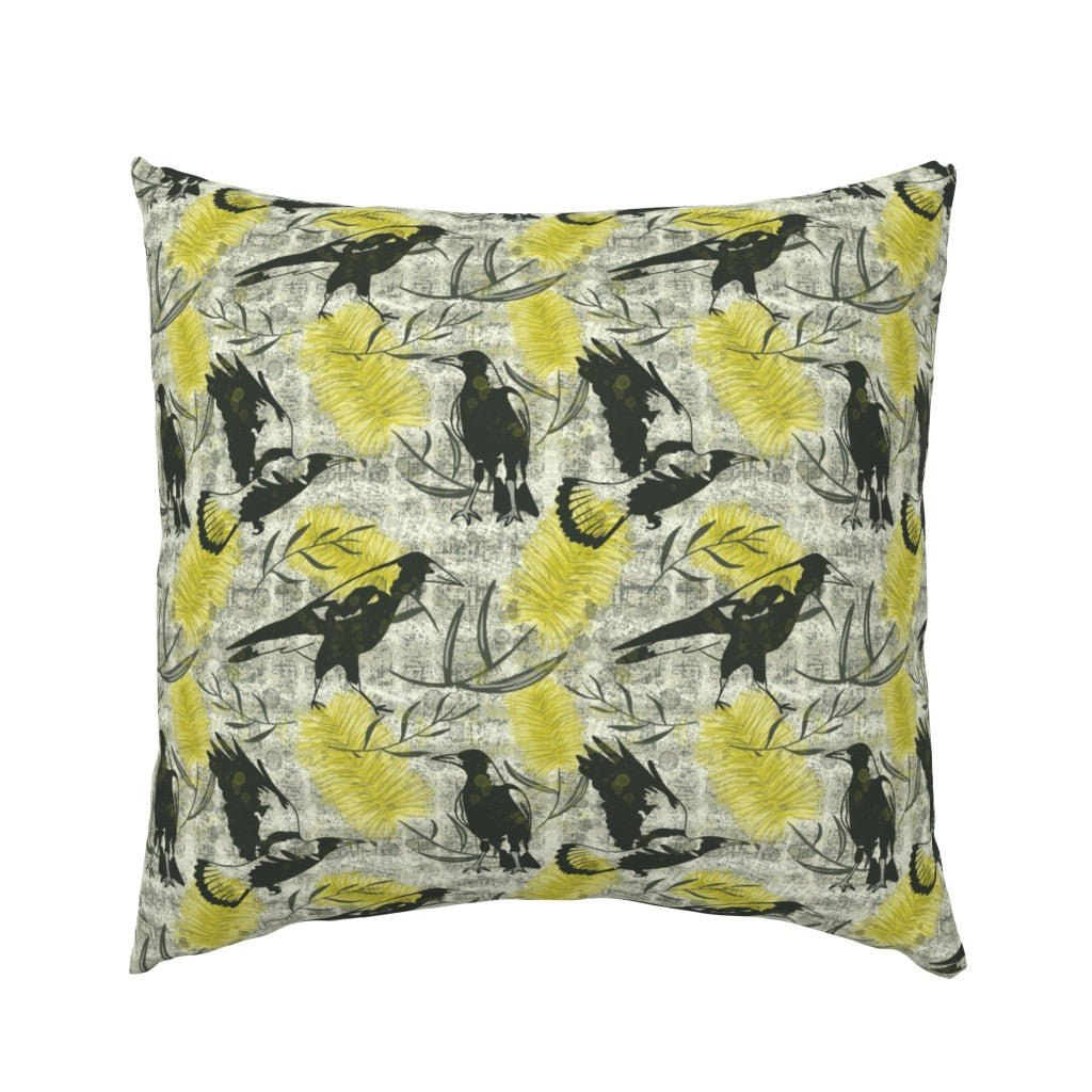 Warble in Yellow - Native Australian flora and fauna, magpies and bottlebrush flowers - Solei Designs